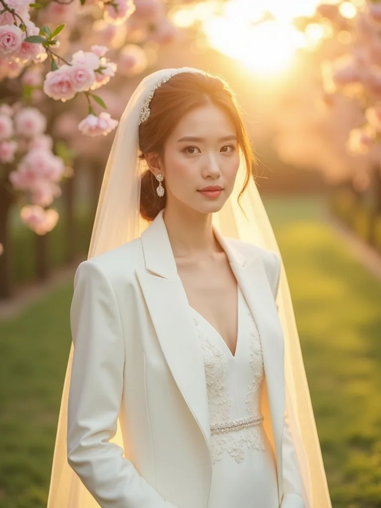 wedding portrait photograph of a person wearing elegant white wedding attire including formal suit o - wedding AI photo