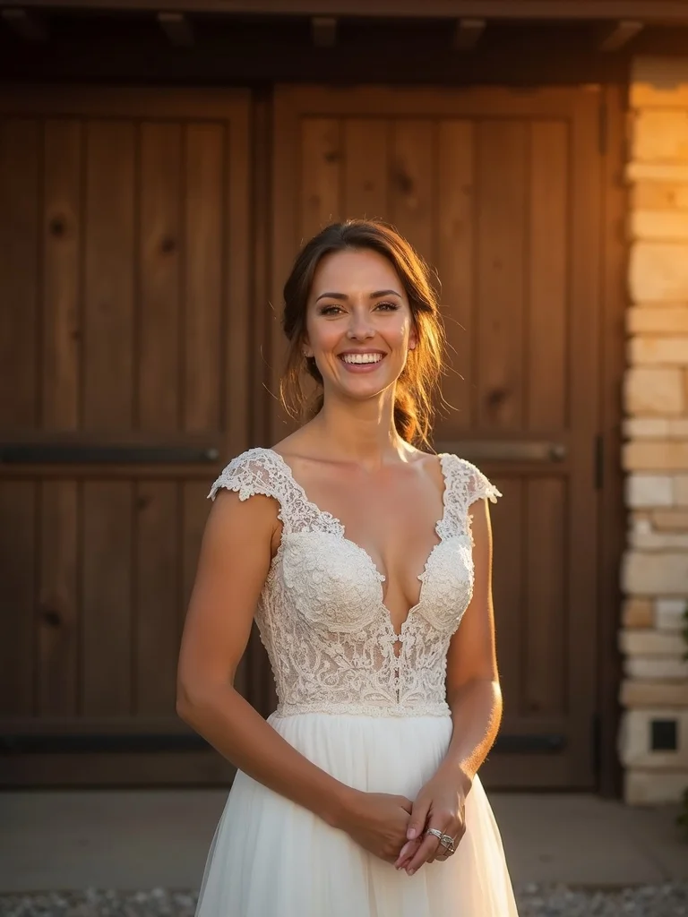 wedding photograph of a person in formal wedding attire standing in front of rustic barn venue or co - wedding AI photo