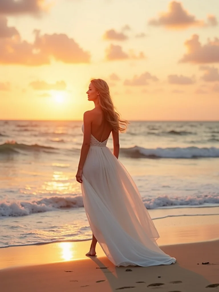 outdoor wedding photograph of a person in beautiful wedding attire on sandy beach at sunset. Ocean w - wedding AI photo