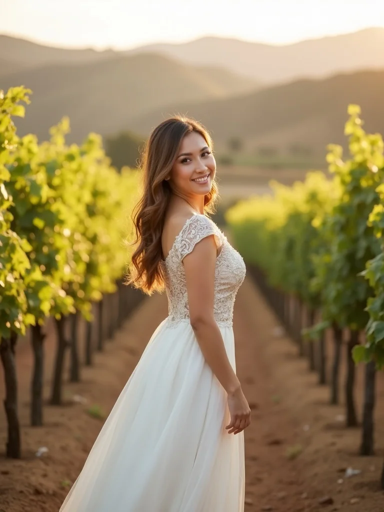 wedding portrait of a person wearing formal wedding attire in vineyard or wine country setting. Rows - wedding AI photo
