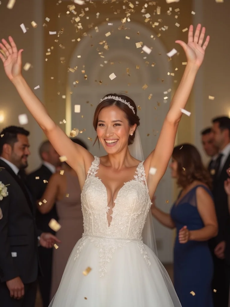 wedding celebration photograph of a person in elegant wedding attire with festive confetti falling a - wedding AI photo